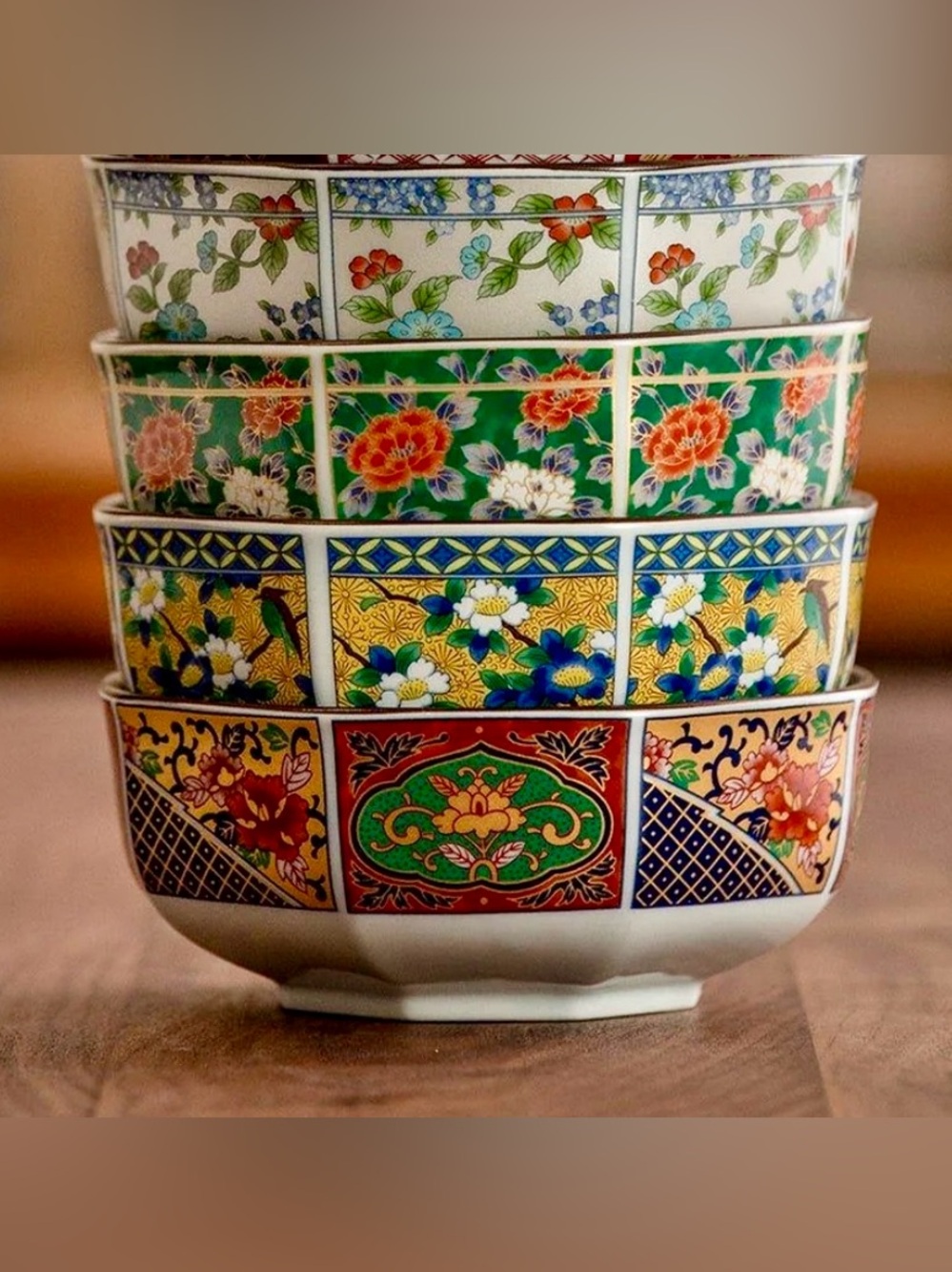 4pc Japanese Mino Ware Court Dyed Brocade Octagonal Rice Soup Bowls Asian Imari